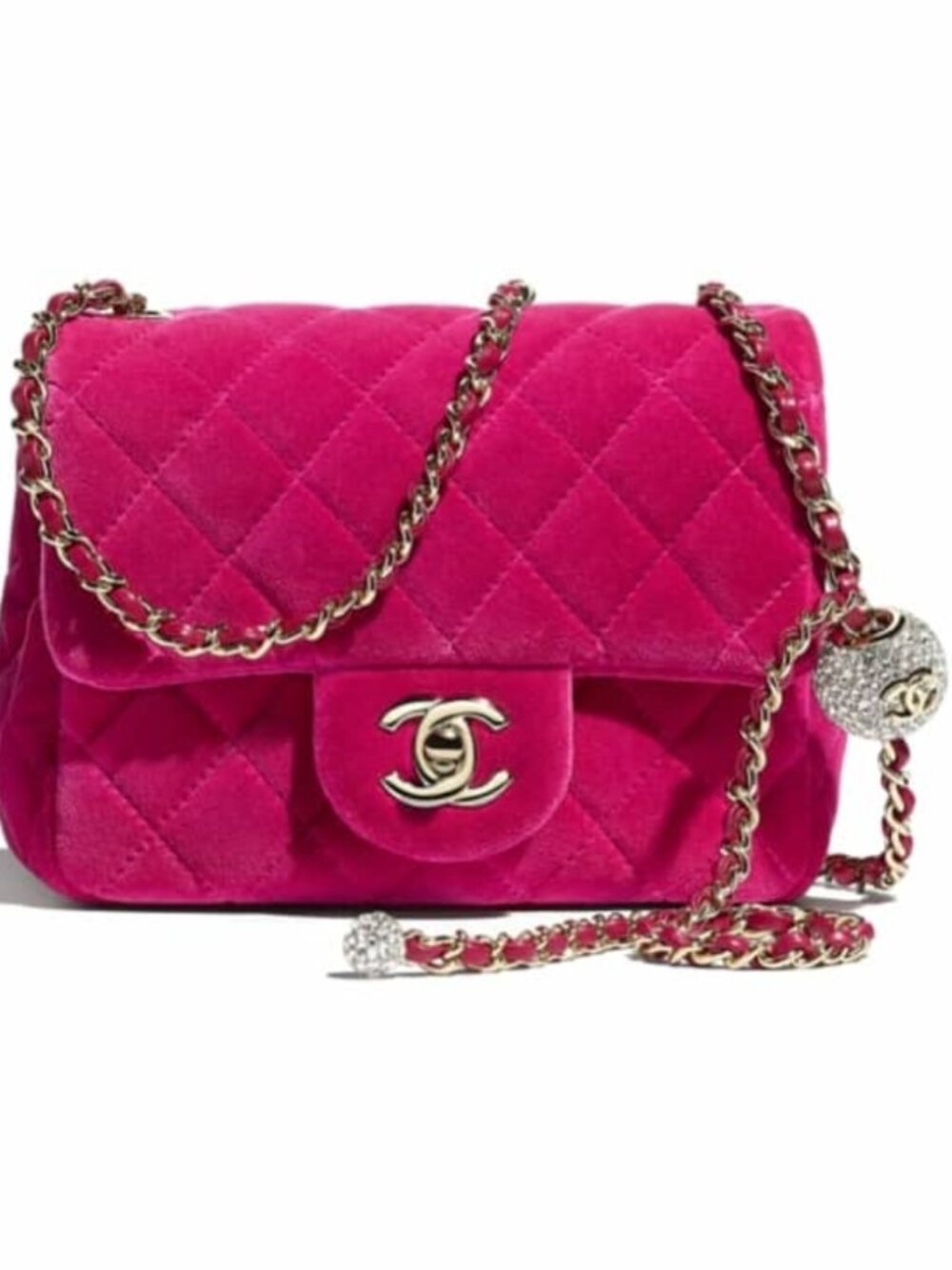 Chanel 2020A Square Mini Classic Pink Fuchsia Velvet Pearl Crush Bag NWT